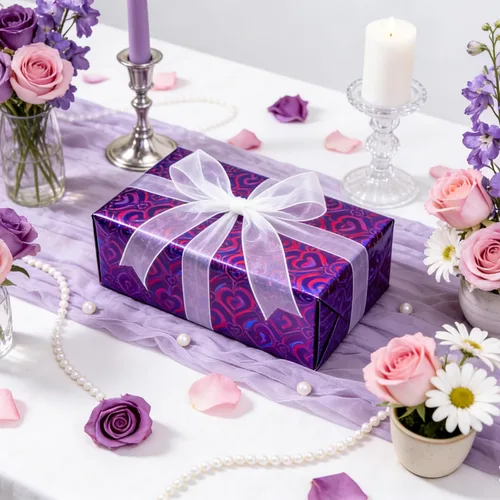 Miniatura 3 de Homeral Rollo de papel de regalo holográfico morado, patrón de corazón iridiscente brillante para el día de San Valentín, cumpleaños, día