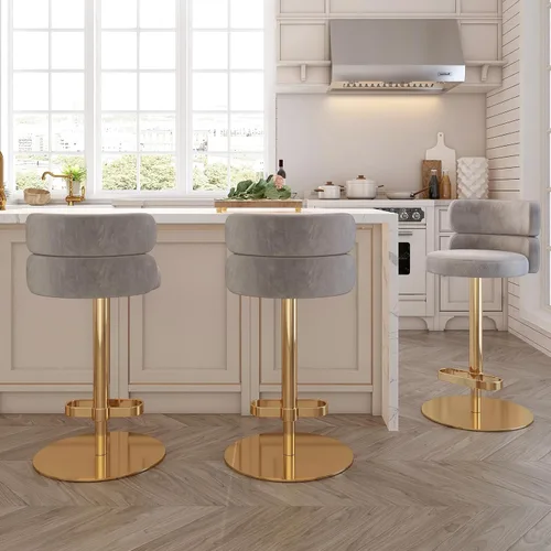 Miniatura 11 de Taburetes de bar de terciopelo modernos giratorios de altura ajustable para encimera de cocina, taburetes de bar con reposapiés para sala de estar