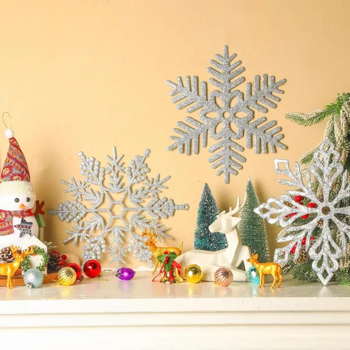 Miniatura 4 de Sratte Paquete de 24 adornos de copos de nieve grandes con purpurina de 12 pulgadas, decoración gigante de plástico para colgar en invierno, Plata