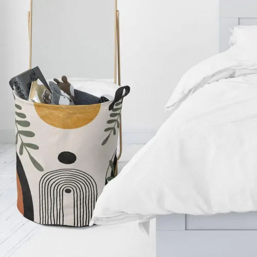 Miniatura 2 de Cesta de baño redonda de mediados de siglo, estilo bohemio, plegable, con asas, moderna, abstracta, con asas, impermeable, independiente