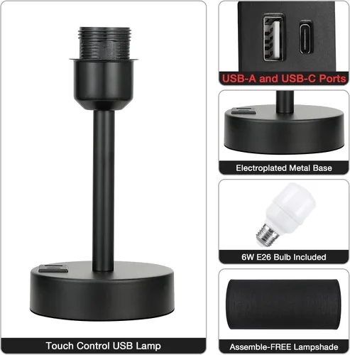 Miniatura 6 de Lámparas de mesita táctiles negras para niñas - Lámpara de noche pequeña con puertos de carga USB-C y USB, lámpara de mesa de control de 3 vías