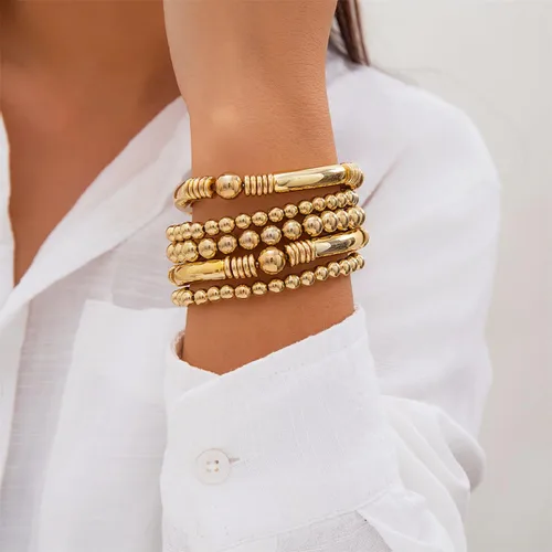 Miniatura 4 de Juego de 5 pulseras de cuentas de oro para mujer, juego de pulseras apilables de bolas de cuentas chapadas en oro de 14 quilates, pulseras