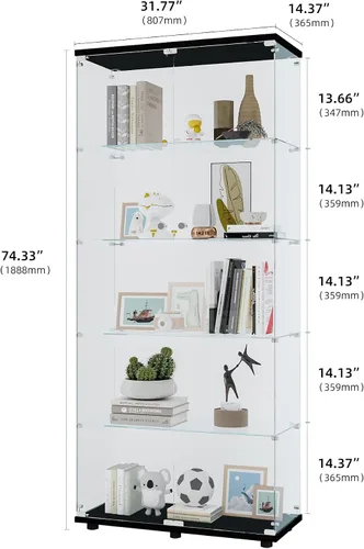 Miniatura 2 de Vitrina de cristal de 74.33 pulgadas con 5 estantes de doble puerta, gabinetes Curio para sala de estar, dormitorio, oficina, estantería de vidrio