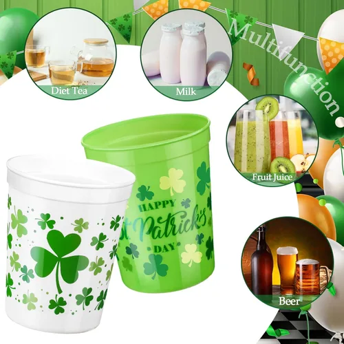 Miniatura 2 de Norme 24 piezas Vasos de plástico para fiesta del día de San Patricio, envase a granel, vasos reutilizables de 16 oz con diseño de trébol