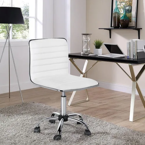Miniatura 2 de Yaheetech Silla de trabajo ajustable de piel sintética con respaldo bajo acanalado sin brazos giratoria blanca silla de escritorio silla de oficina