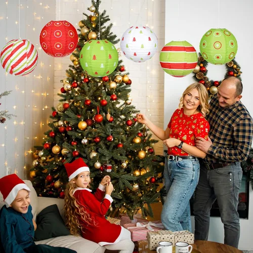 Miniatura 2 de Bencailor Juego de 12 linternas de papel colgantes de Navidad, linternas decorativas para fiesta de Navidad, lámparas colgantes redondas
