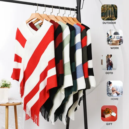 Miniatura 6 de Ferand - Suéter tipo poncho a rayas para mujer, estilo casual, chal con flecos versátiles