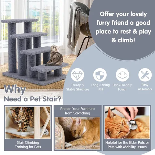 Miniatura 8 de Tangkula Escaleras para mascotas para gatos y perros, rampa de escalera alfombrada de 4 escalones, poste rascador para gatos, escaleras de varios