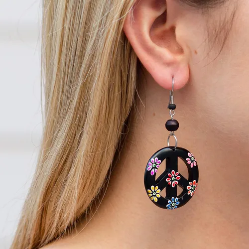 Miniatura 4 de Earth Accessories Aretes colgantes con signo de la paz con madera orgánica, accesorios hippie y disfraz hippie para los años 60 o 70