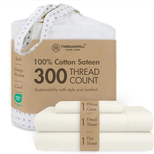 Miniatura 62 de Threadmill Sábanas 100% Algodón para Cama Tamaño King Juego de Sábanas de 4 Piezas para Cama King Suave, Transpirable y Ligero Satén de Damasco