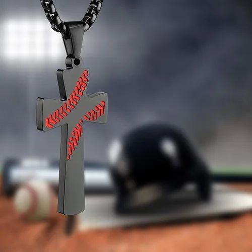 Miniatura 6 de Aiyo Nice Collar con colgante de cruz de béisbol para niños y hombres chapado en oro de 18 quilates versículo bíblico de acero inoxidable joyería