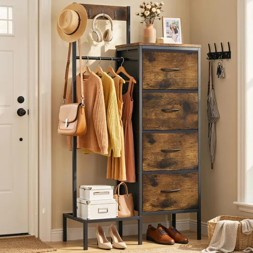Lewondr Cómoda con estante colgante y cajones de almacenamiento, 4 cajones con ganchos y estante, organizador de entrada rústico para accesorios,