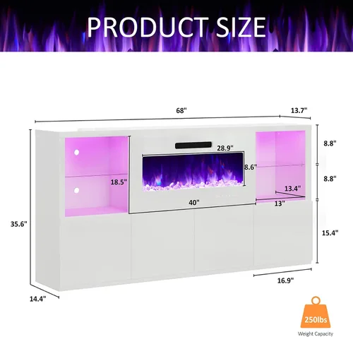 Miniatura 5 de AMERLIFE Soporte de TV con chimenea de 68 pulgadas con chimenea de 40 pulgadas, moderno centro de entretenimiento con chimenea de alto brillo