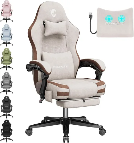 Silla para videojuegos, silla de oficina de tela para computadora con masaje, silla ergonómica con reposapiés, soporte lumbar, cojín ensanchado con