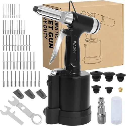 Wadoy Pistola remachadora neumática de alta resistencia - 3924LBF Kit de remachadora profesional con 5 puntas (1/4", 3/16", 5/32", 1/8", 3/32") y 50