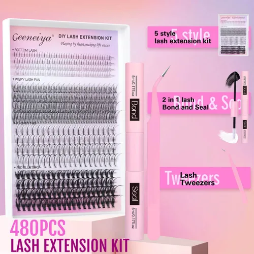 Miniatura 5 de Kit de racimos de pestañas Geeneiya, kit de extensión de pestañas individuales DIY, kit de extensión de pestañas de múltiples tipos con pestañas