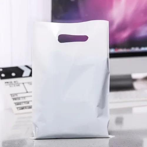 Miniatura 5 de ysmile Pequeña bolsa de compras de plástico blanco para tiendas de pequeñas empresas al por menor de polietileno troquelado con asa Goodie 100 ct