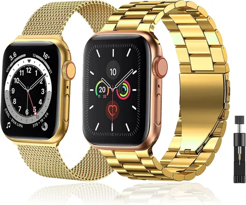 Miniatura 10 de Paquete de 2 correas de metal compatibles con Apple Watch Band 38/40/41/42/44/45/46/1.929 in, acero inoxidable y malla milanesa para iWatch Band