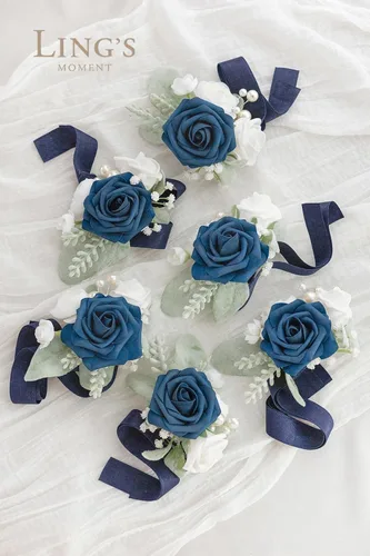 Miniatura 5 de Ling's Moment Paquetes de flores de boda prearreglados en azul polvoriento y azul marino, paquete de boutonnieres y ramilletes de muñeca