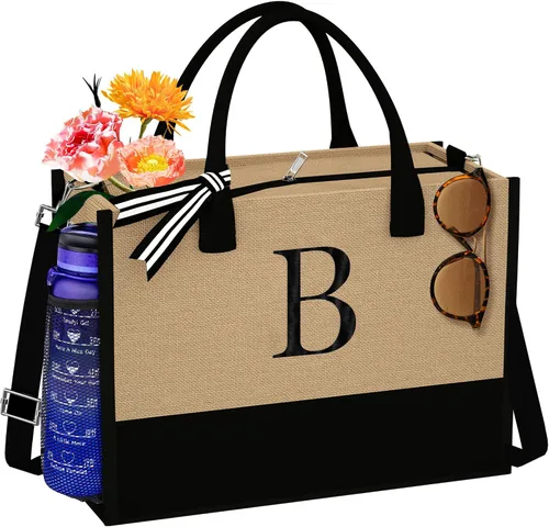 TOPEAST Jute Initial Tote Bag Burlap Beach Bag Personalized Birthday Gifts for Women Teacher Mom Bridal Bridesmaid Gifts