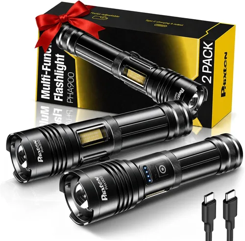 Linternas de alto lúmenes 100000 USB C recargables – Paquete de 2, LED brillante de 30 W y luz roja COB, largo alcance y ajustable, larga duración