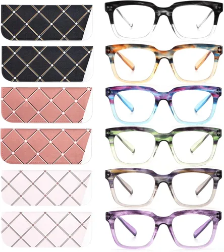 Miniatura 11 de Paquete de 6 lentes de lectura de moda para mujeres y hombres, bloqueo de luz azul, lectores cuadrados de gran tamaño con bisagra de resorte Paquete