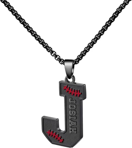 Miniatura 86 de Ldurian Collar personalizado con nombre de béisbol, cadena negra de acero inoxidable, collar con nombre deportivo, letra A-Z de 24 pulgadas, regalos
