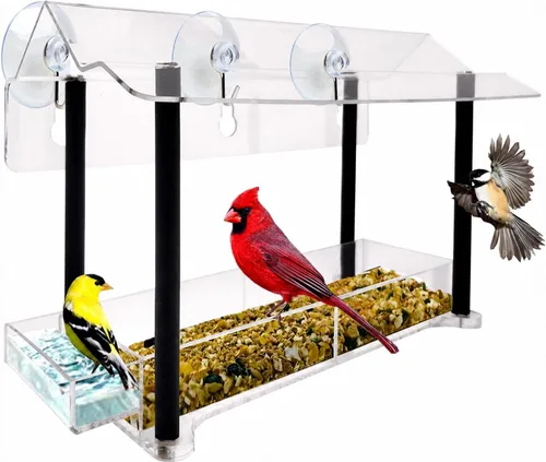 Comederos de aves de acrílico transparente Nature Gear para observación en ventana, resistente al clima y fácil de limpiar con bandeja deslizante,
