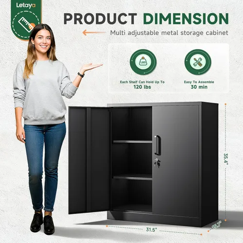 Miniatura 3 de Letaya Armarios de Almacenamiento de Metal con Cerradura, Pequeños Armarios de Acero con 2 Puertas y Estantes Ajustables para Hogar, Oficina, Negro