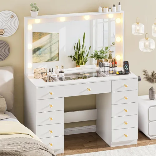 Miniatura 4 de DINGIPP Tocador con espejo grande y 10 luces LED, escritorio de tocador con tope de cristal, 11 cajones con asas de cristal, tocador con toma