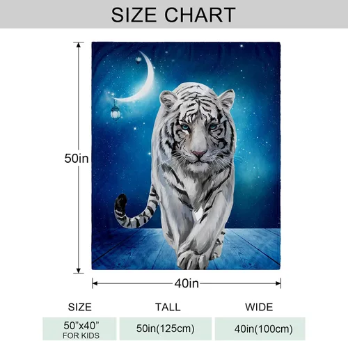 Miniatura 3 de Manta de Forro Polar de 50"x40", Suave, Acogedora, Cálida, Manta de Franela de Felpa Difusa, Tigre Blanco Siberiano Bajo la Noche Estrellada Azul