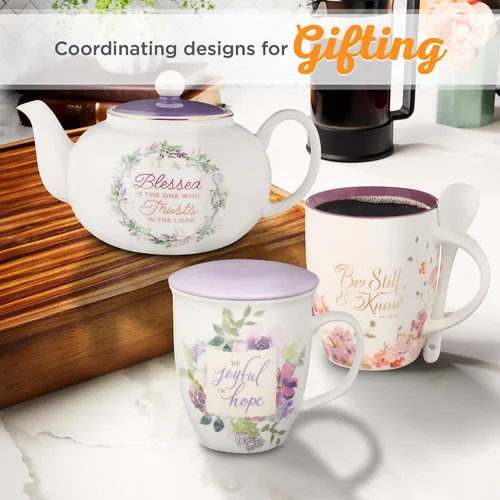 Miniatura 6 de Taza de café y té con escritura de Christian Art Gifts con juego de cucharas de cerámica para mujeres: Be Still and Know - Salmo 46:10 Mensaje