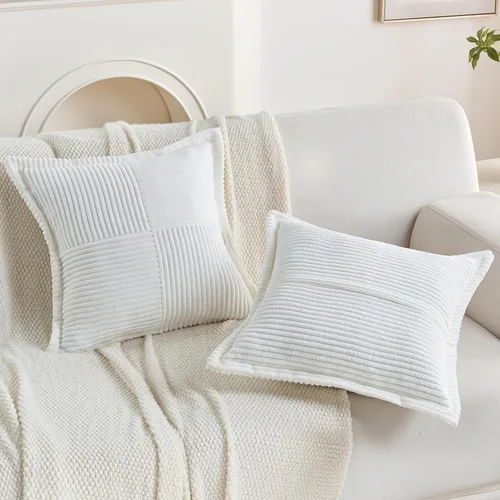 Miniatura 5 de HAUSSY Paquete de 2 fundas de almohada de 16 x 16 pulgadas, fundas decorativas de pana suave, estilo bohemio, a rayas, sólidas, decoración