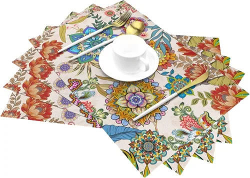 Miniatura 3 de Juego de 4 manteles individuales florales bohemios de lino de 12 x 18 pulgadas, manteles individuales de flores coloridas para cocina, mesa
