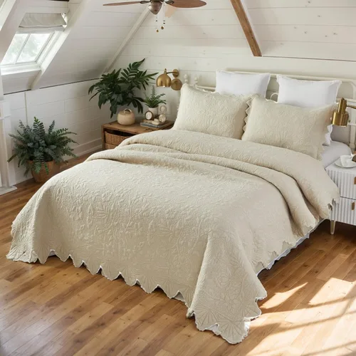 Miniatura 6 de Brandream Queen Size Quilt Set Cotton Beige Quilts Luxury Farmhouse Bedding Set Matelasse Coverlet Scalloped Quilt Set 3-Piece