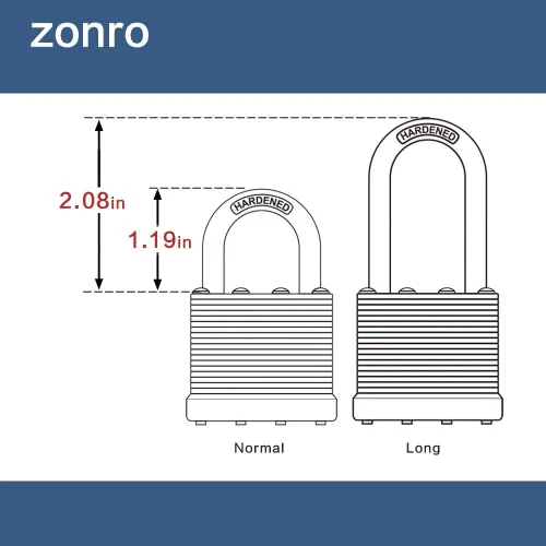 Miniatura 5 de ZonRo Candados de acero laminado con llave, cerraduras iguales con llave, 1-9/16 pulgadas de ancho, candados de grillete largo, paquete de 6, aro