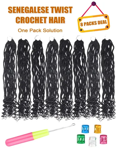 Miniatura 4 de Cabello de Trenzas Senegalesas de Ganchillo de 18 Pulgadas, Cabello de Ganchillo para Mujeres Negras con Bucles Prehechos, 8 Paquetes de Trenzas