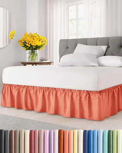 Falda de cama envolvente con volantes, color coral, para camas de tamaño Queen con altura de 38 cm CGK Linens - Falda de cama plisada con tela 28 -