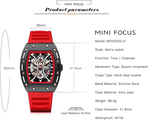 Miniatura 6 de MF MINI FOCUS Watch Wristwatch Fashion Hollow Big Dial Luminous Waterproof Sport Analog Quartz Business Mens Watches Silicon Strap Dress Watch