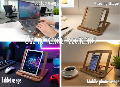Miniatura 6 de Soporte de madera para computadora portátil para escritorio y madera, estilo portátil, plegable y ajustable ergonómico, soporte para libros