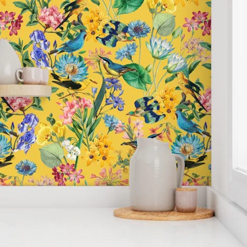 Miniatura 8 de Muestro de papel tapiz extraíble, selva tropical, amarillo, dibujado a mano, botánico, pájaros tropicales, papel pintado prepegado personalizado por
