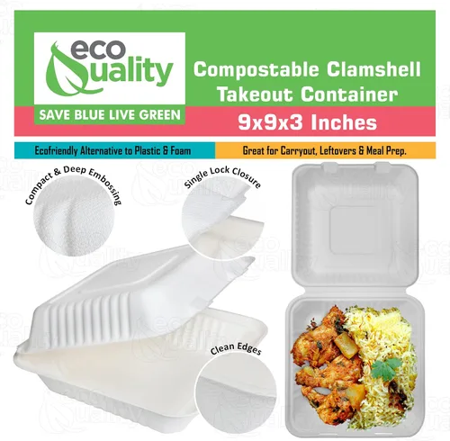 Miniatura 4 de Contenedor de comida cuadrado compostable con bisagras para llevar, 9 x 9 x 3 pulgadas, contenedores desechables de calidad resistente, con un solo
