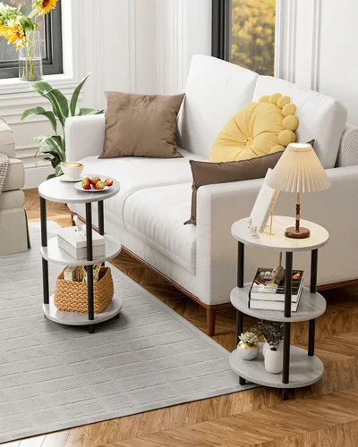Miniatura 6 de Mesa auxiliar redonda con pedestal, mesa decorativa ovalada de 3 niveles para espacios pequeños, mesa auxiliar de sofá de madera rústica y metal