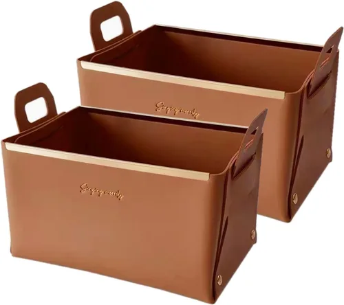 Miniatura 12 de Cesta decorativa de piel sintética, cesta pequeña para entrada, mesita de noche, cómoda, caja organizadora rectangular plegable (marrón)