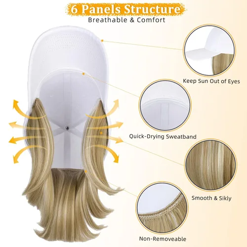 Miniatura 5 de Gorra de béisbol con extensiones de cabello, peluca ajustable, gorra corta y recta de 14 pulgadas, peluca sintética para mujer, rubio ceniza mezcla