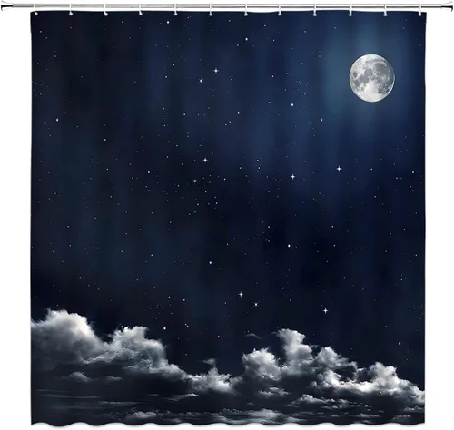 Miniatura 17 de AMFD Cortina de ducha con luna increíble, hermosa fantasía, cielo estrellado, luna brillante, azul, azul marino, negro, cortinas de baño, decoración