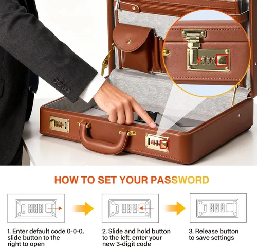 Miniatura 7 de LOCKCURX Maletines para hombres, maletín antirrobo de doble bloqueo con compartimento para laptop de 16 pulgadas, piel sintética impermeable, Marrón