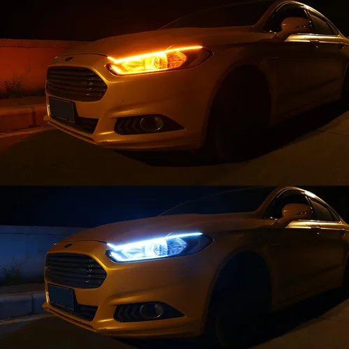 2 tiras de luces LED para autos, tira de faros LED secuenciales, luces de circulación diurna, bombilla de señal de giro DRL ámbar/amarillo y blanco