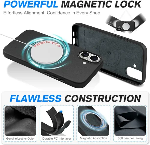 Miniatura 5 de SHIELDON Funda de cuero genuino para iPhone 17 de 6.3 pulgadas 2025 Compatible con Magsafe, botón de cámara actualizado, carga inalámbrica Negro
