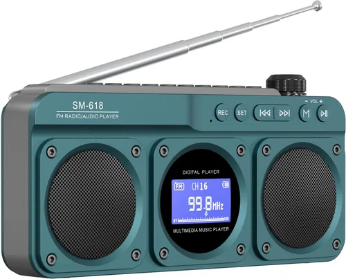 SEMIER Pequeña Radio Digital FM Bluetooth, Radio Recargable Portátil Inalámbrica, Pantalla LCD, Dobles Altavoces, Entrada para Auriculares, Soporte